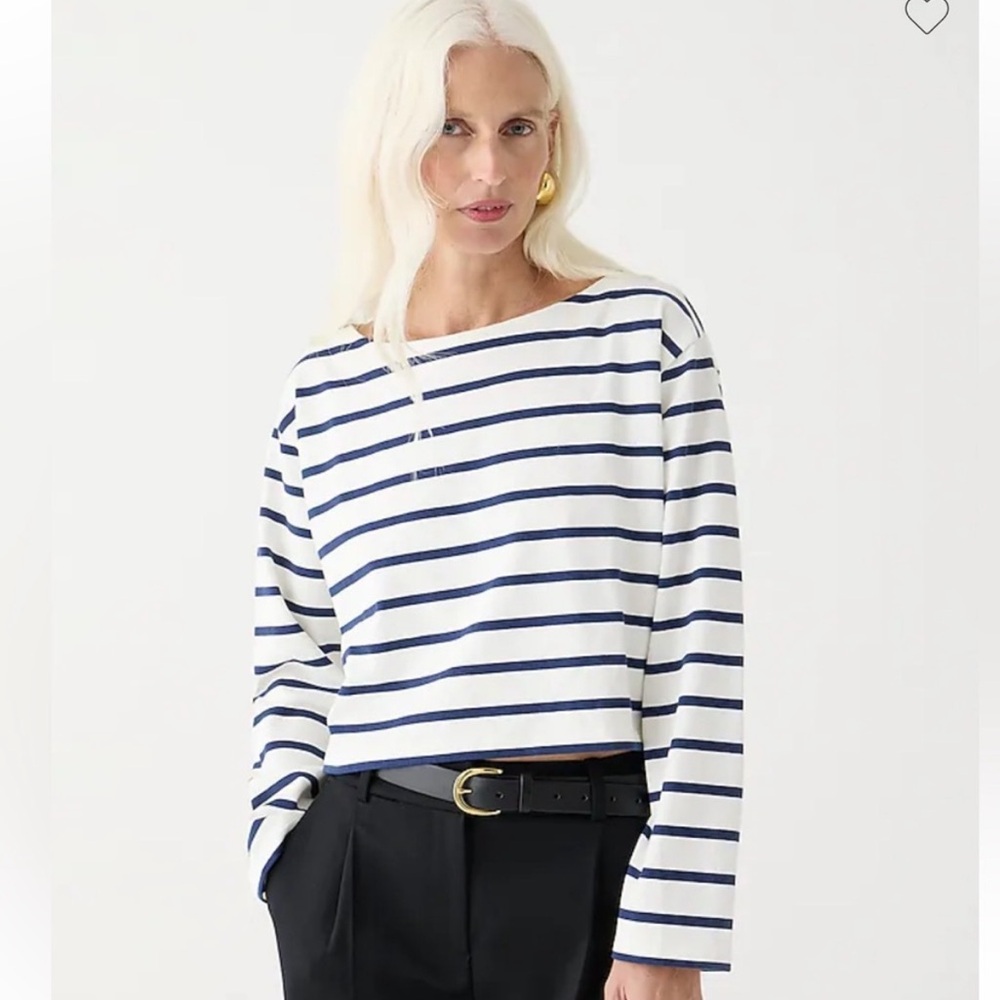 J. Crew Navy and White Striped Cropped Longsleeve Tee Shirt